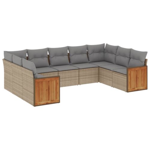 9-Piece Garden Sofa Set with Cushions Beige Poly Rattan Wicker Outdoor Patio Furniture