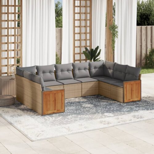 9-Piece Garden Sofa Set with Cushions Beige Poly Rattan Wicker Outdoor Patio Furniture - Image 2