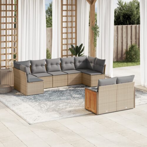 9-Piece Garden Sofa Set with Cushions Beige Poly Rattan Wicker Outdoor Patio Furniture - Image 2