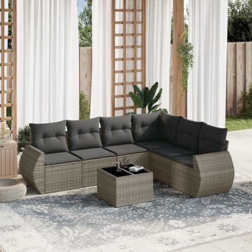 7-Piece Garden Sofa Set with Cushions Grey Poly Rattan Wicker Outdoor Patio Furniture - Image 2