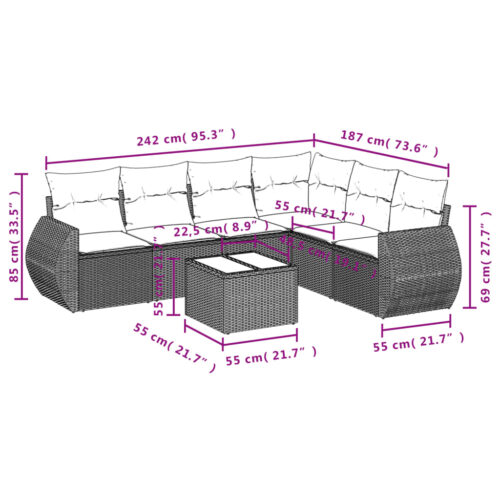 7-Piece Garden Sofa Set with Cushions Grey Poly Rattan Wicker Outdoor Patio Furniture - Image 8