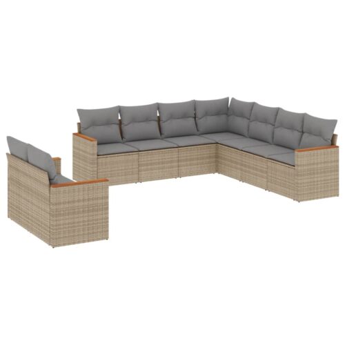 9-Piece Garden Sofa Set with Cushions Beige Poly Rattan Wicker Outdoor Patio Furniture - Image 5