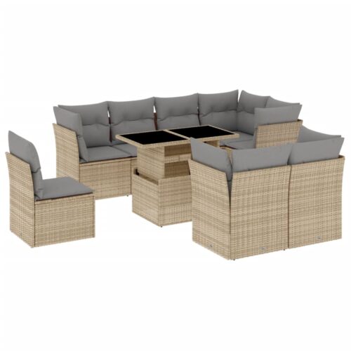9-Piece Garden Sofa Set with Cushions Beige Poly Rattan Wicker Outdoor Patio Furniture