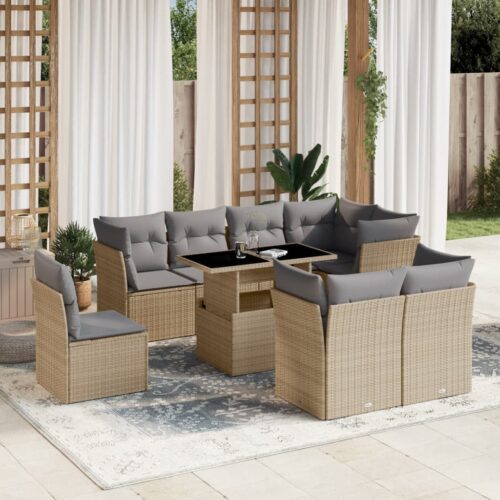 9-Piece Garden Sofa Set with Cushions Beige Poly Rattan Wicker Outdoor Patio Furniture - Image 2