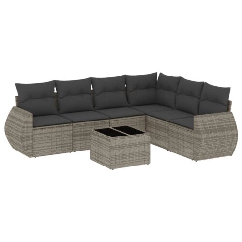 7-Piece Garden Sofa Set with Cushions Grey Poly Rattan Wicker Outdoor Patio Furniture - Image 14