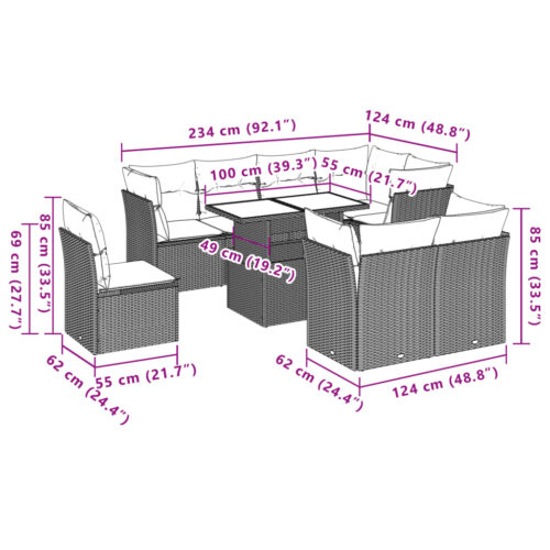 9-Piece Garden Sofa Set with Cushions Beige Poly Rattan Wicker Outdoor Patio Furniture - Image 9