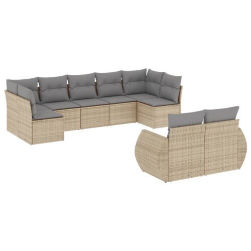 9-Piece Garden Sofa Set with Cushions Beige Poly Rattan Wicker Outdoor Patio Furniture - Image 5