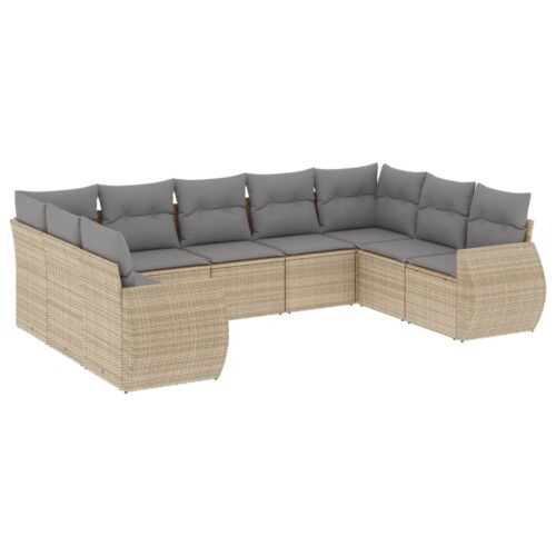 9-Piece Garden Sofa Set with Cushions Beige Poly Rattan Wicker Outdoor Patio Furniture