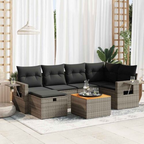 7-Piece Garden Sofa Set with Cushions Grey Poly Rattan Wicker Outdoor Patio Furniture - Image 2