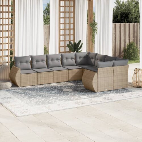 9-Piece Garden Sofa Set with Cushions Beige Poly Rattan Wicker Outdoor Patio Furniture - Image 2