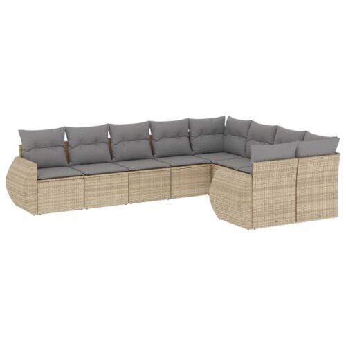 9-Piece Garden Sofa Set with Cushions Beige Poly Rattan Wicker Outdoor Patio Furniture - Image 5