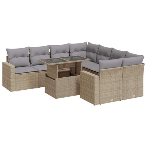 9-Piece Garden Sofa Set with Cushions Beige Poly Rattan Wicker Outdoor Patio Furniture