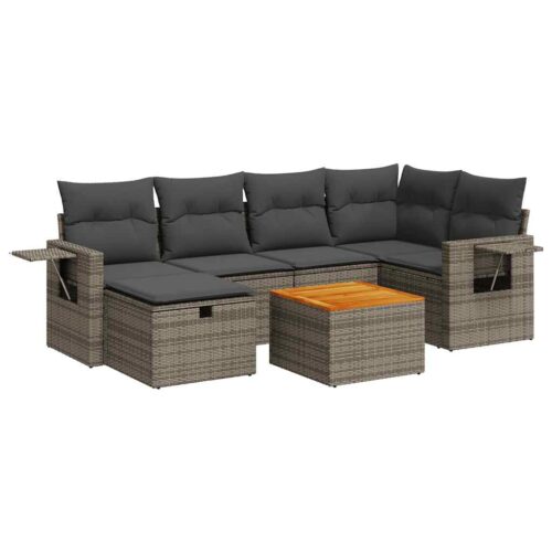 7-Piece Garden Sofa Set with Cushions Grey Poly Rattan Wicker Outdoor Patio Furniture - Image 13