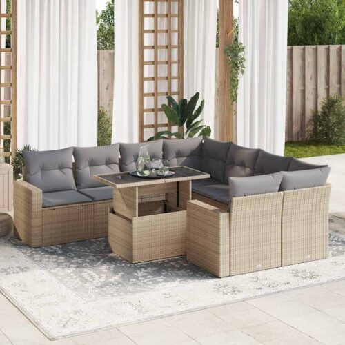 9-Piece Garden Sofa Set with Cushions Beige Poly Rattan Wicker Outdoor Patio Furniture - Image 2