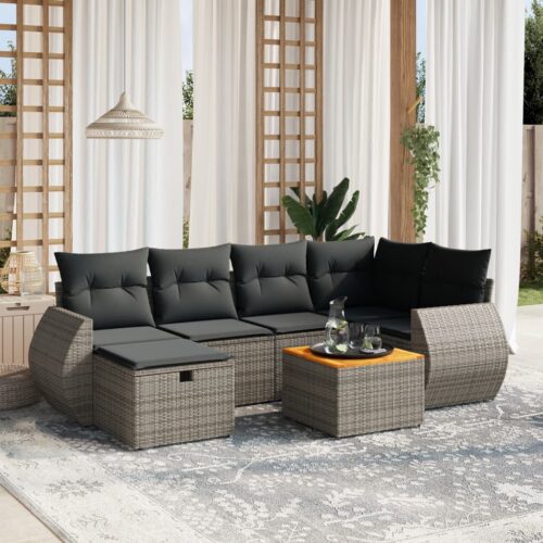 7-Piece Garden Sofa Set with Cushions Grey Poly Rattan Wicker Outdoor Patio Furniture - Image 2
