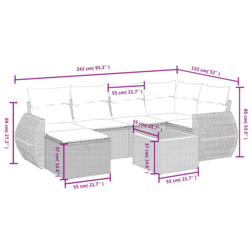 7-Piece Garden Sofa Set with Cushions Grey Poly Rattan Wicker Outdoor Patio Furniture - Image 4