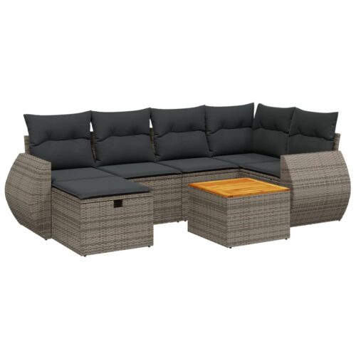 7-Piece Garden Sofa Set with Cushions Grey Poly Rattan Wicker Outdoor Patio Furniture - Image 6