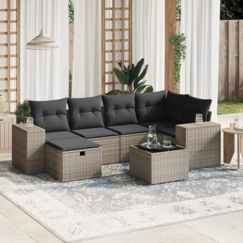 7-Piece Garden Sofa Set with Cushions Grey Poly Rattan Wicker Outdoor Patio Furniture - Image 2