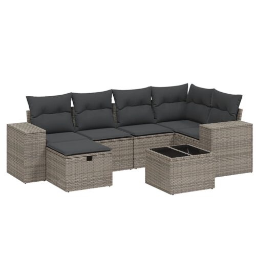 7-Piece Garden Sofa Set with Cushions Grey Poly Rattan Wicker Outdoor Patio Furniture - Image 6