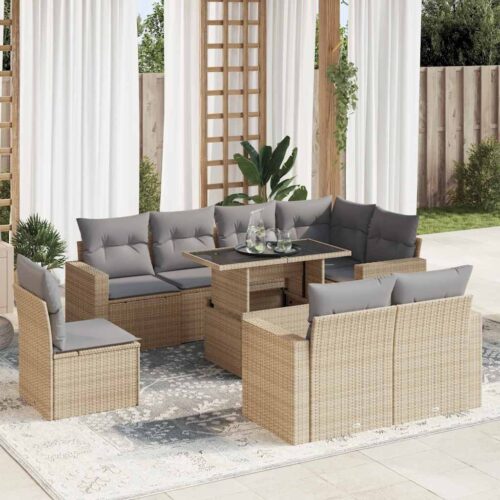 9-Piece Garden Sofa Set with Cushions Beige Poly Rattan Wicker Outdoor Patio Furniture - Image 2