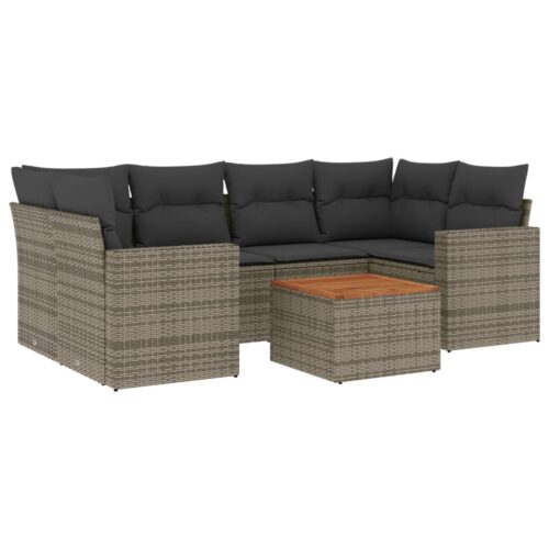 7-Piece Garden Sofa Set with Cushions Grey Poly Rattan Wicker Outdoor Patio Furniture