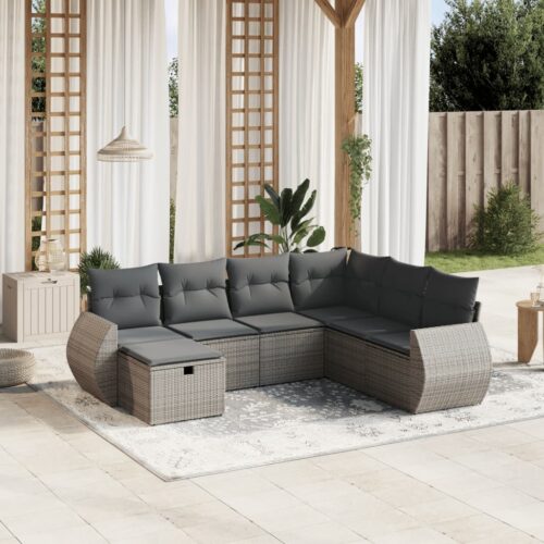 7-Piece Garden Sofa Set with Cushions Grey Poly Rattan Wicker Outdoor Patio Furniture - Image 2