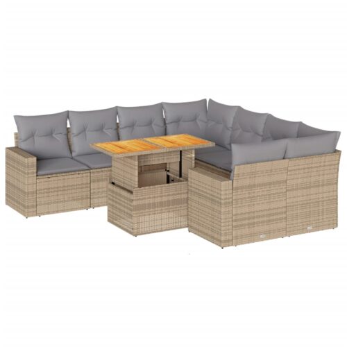 9-Piece Garden Sofa Set with Cushions Beige Poly Rattan Wicker Outdoor Patio Furniture