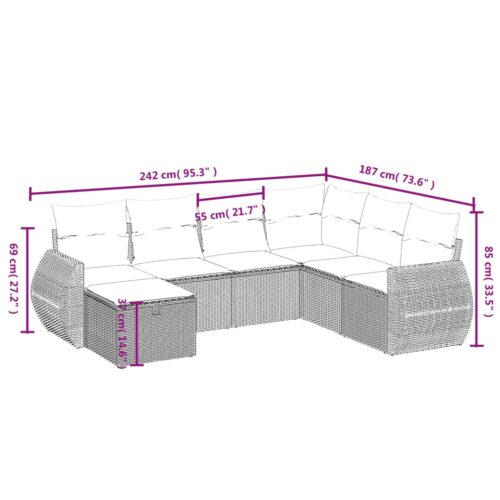 7-Piece Garden Sofa Set with Cushions Grey Poly Rattan Wicker Outdoor Patio Furniture - Image 4