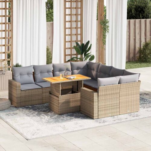 9-Piece Garden Sofa Set with Cushions Beige Poly Rattan Wicker Outdoor Patio Furniture - Image 2