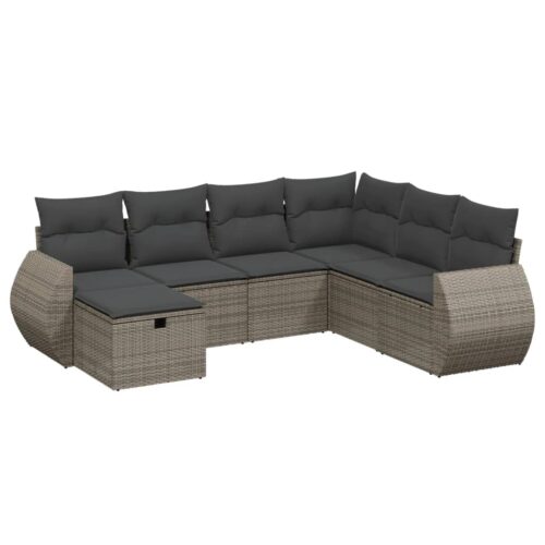 7-Piece Garden Sofa Set with Cushions Grey Poly Rattan Wicker Outdoor Patio Furniture - Image 6