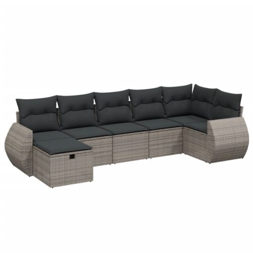 7-Piece Garden Sofa Set with Cushions Grey Poly Rattan Wicker Outdoor Patio Furniture