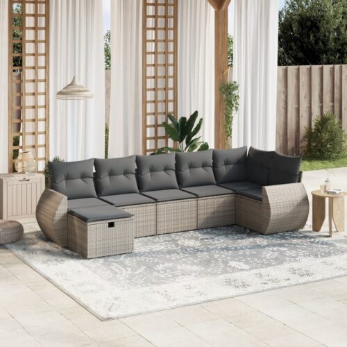 7-Piece Garden Sofa Set with Cushions Grey Poly Rattan Wicker Outdoor Patio Furniture - Image 2