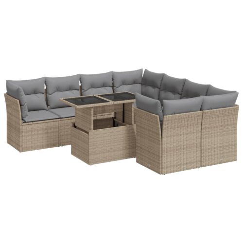 9-Piece Garden Sofa Set with Cushions Beige Poly Rattan Wicker Outdoor Patio Furniture