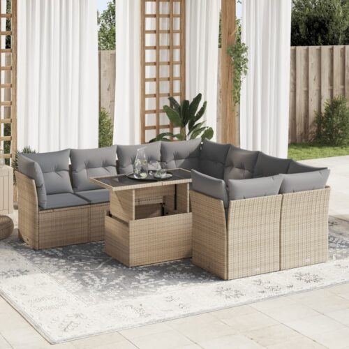 9-Piece Garden Sofa Set with Cushions Beige Poly Rattan Wicker Outdoor Patio Furniture - Image 2