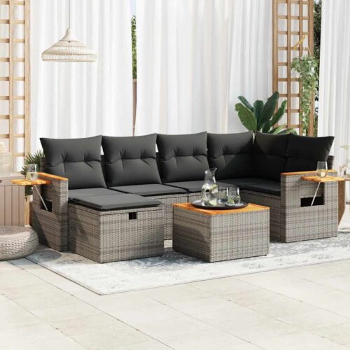 7-Piece Garden Sofa Set with Cushions Grey Poly Rattan Wicker Outdoor Patio Furniture - Image 2