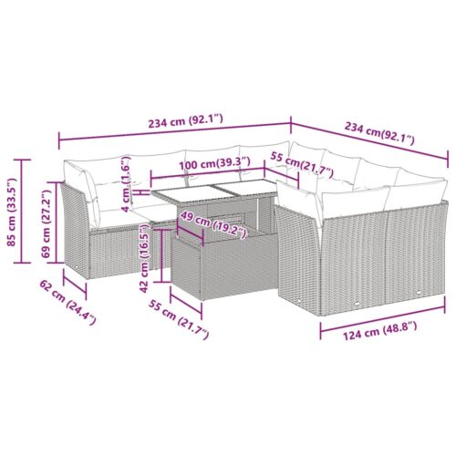9-Piece Garden Sofa Set with Cushions Beige Poly Rattan Wicker Outdoor Patio Furniture - Image 11