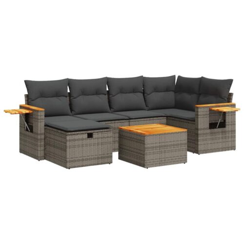 7-Piece Garden Sofa Set with Cushions Grey Poly Rattan Wicker Outdoor Patio Furniture - Image 13