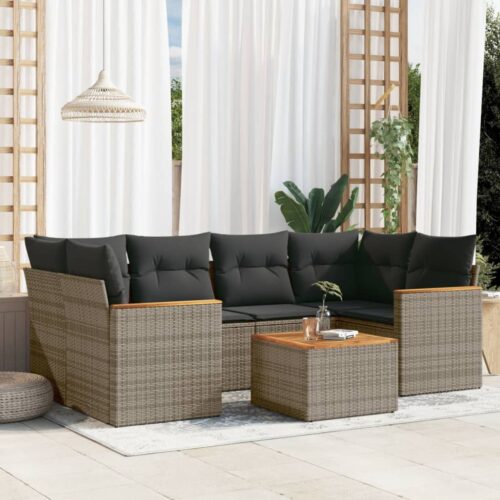 7-Piece Garden Sofa Set with Cushions Grey Poly Rattan Wicker Outdoor Patio Furniture - Image 2