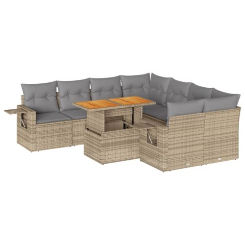 9-Piece Garden Sofa Set with Cushions Beige Poly Rattan Wicker Outdoor Patio Furniture