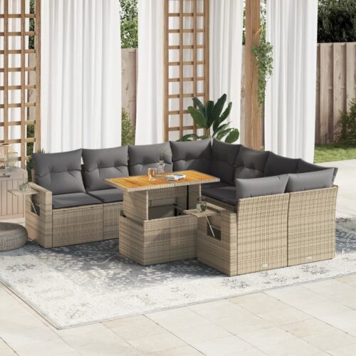 9-Piece Garden Sofa Set with Cushions Beige Poly Rattan Wicker Outdoor Patio Furniture - Image 2