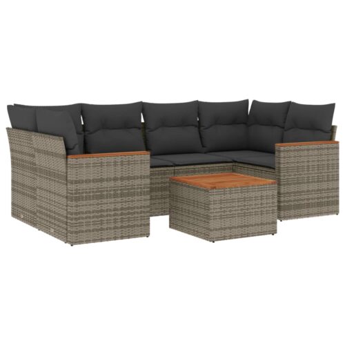 7-Piece Garden Sofa Set with Cushions Grey Poly Rattan Wicker Outdoor Patio Furniture - Image 14