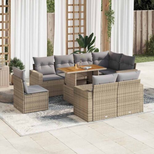 9-Piece Garden Sofa Set with Cushions Beige Poly Rattan Wicker Outdoor Patio Furniture - Image 2
