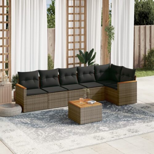 7-Piece Garden Sofa Set with Cushions Grey Poly Rattan Wicker Outdoor Patio Furniture - Image 2
