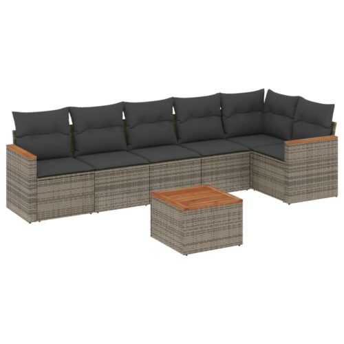 7-Piece Garden Sofa Set with Cushions Grey Poly Rattan Wicker Outdoor Patio Furniture - Image 5