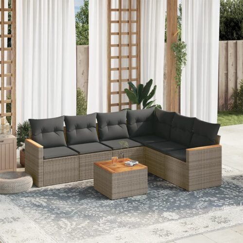 7-Piece Garden Sofa Set with Cushions Grey Poly Rattan Wicker Outdoor Patio Furniture - Image 2