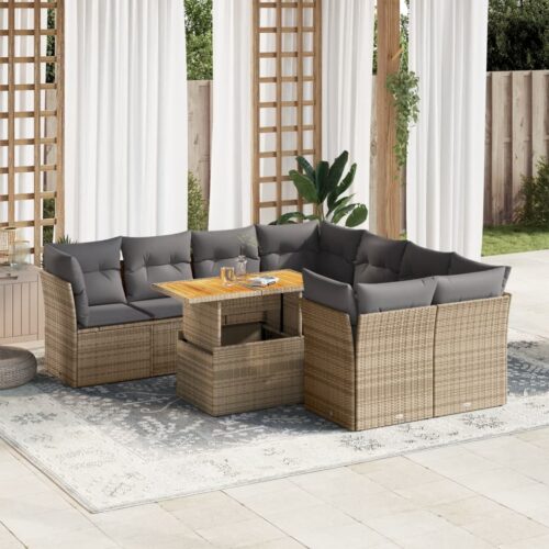 9-Piece Garden Sofa Set with Cushions Beige Poly Rattan Wicker Outdoor Patio Furniture - Image 2