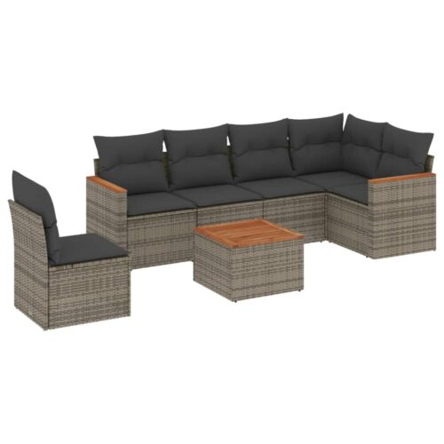 7-Piece Garden Sofa Set with Cushions Grey Poly Rattan Wicker Outdoor Patio Furniture