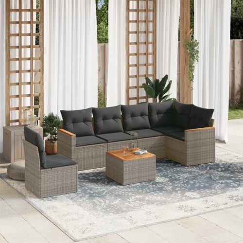 7-Piece Garden Sofa Set with Cushions Grey Poly Rattan Wicker Outdoor Patio Furniture - Image 2