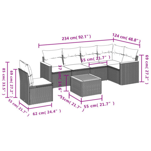 7-Piece Garden Sofa Set with Cushions Grey Poly Rattan Wicker Outdoor Patio Furniture - Image 3