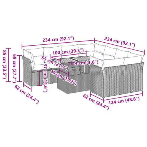 9-Piece Garden Sofa Set with Cushions Beige Poly Rattan Wicker Outdoor Patio Furniture - Image 11